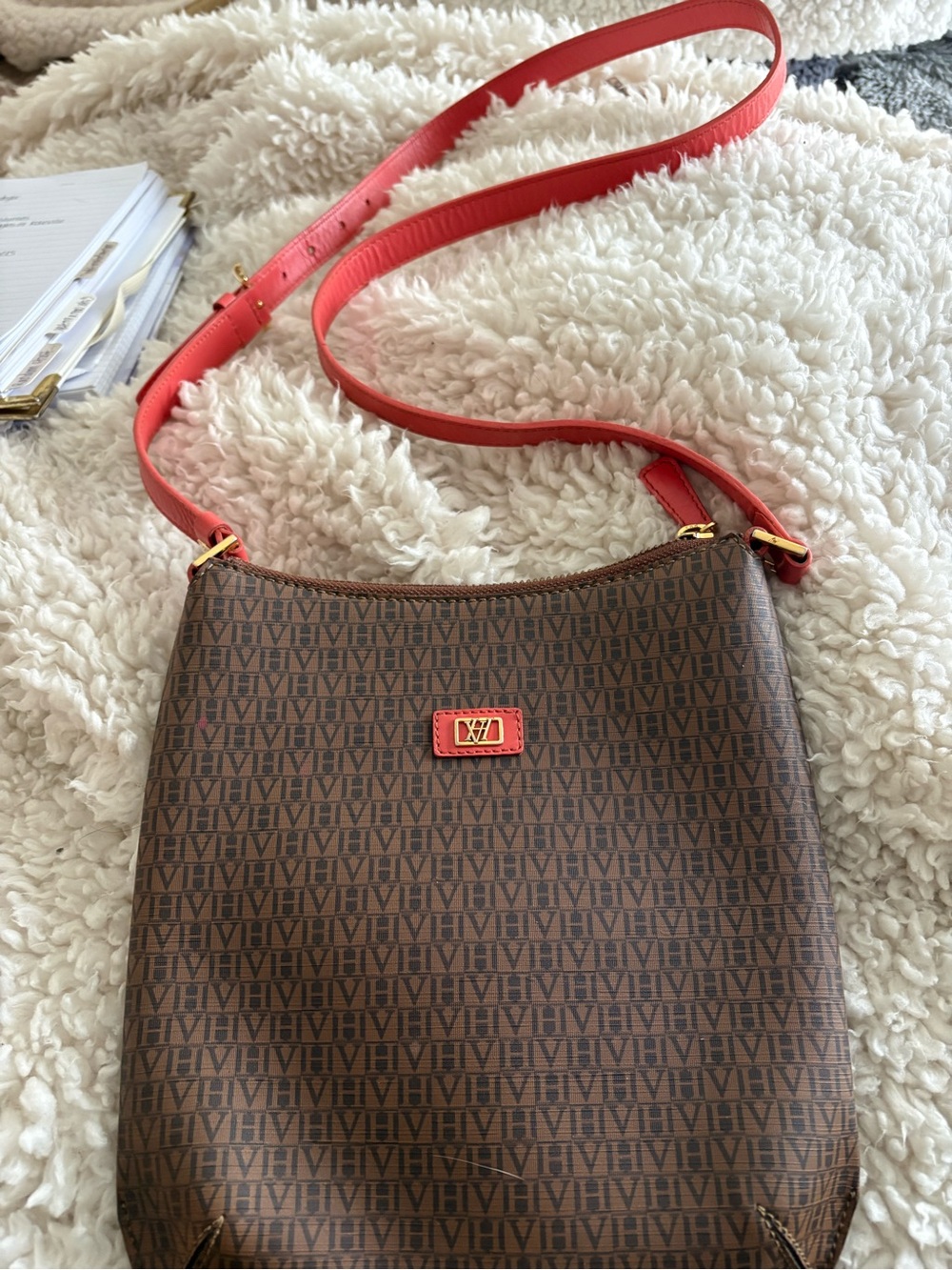 Vintage Victor Hugo monogram crossbody bag with coral strap and gold accents